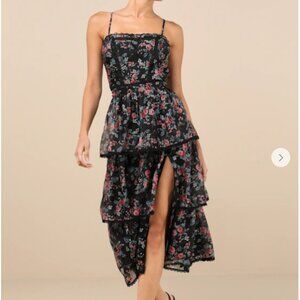 Kimbra Black Floral Backless Tiered Midi Dress Lulus medium only